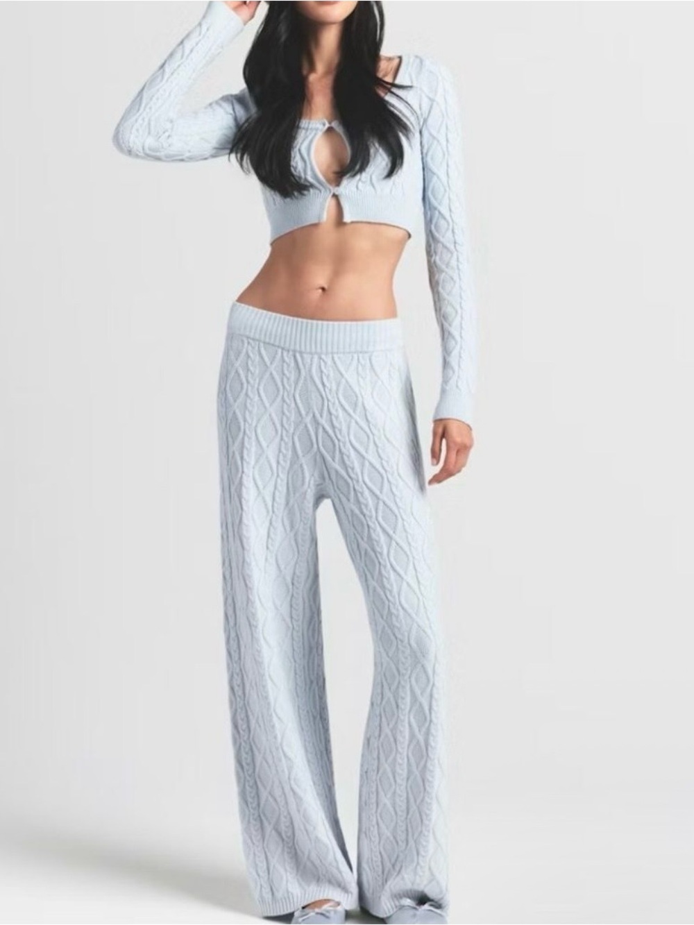 NWT SKIMS Snow Bunny Shop Cable-knit Straight Leg Pants in Zen Blue Sz S
